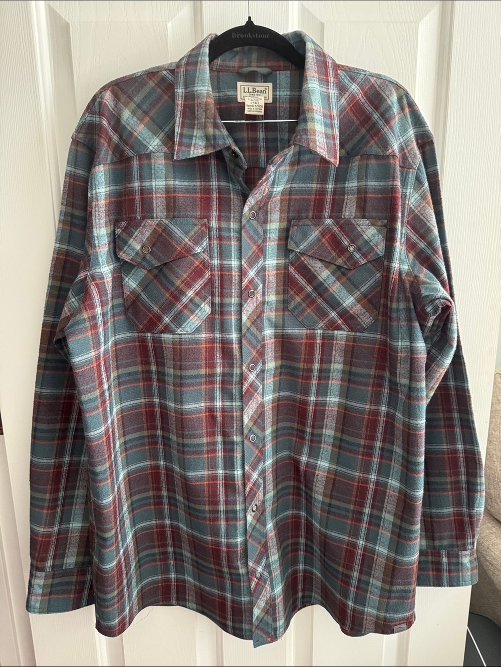 L.L. Bean Burgundy and Teal Plaid Flannel Button-Down Shirt